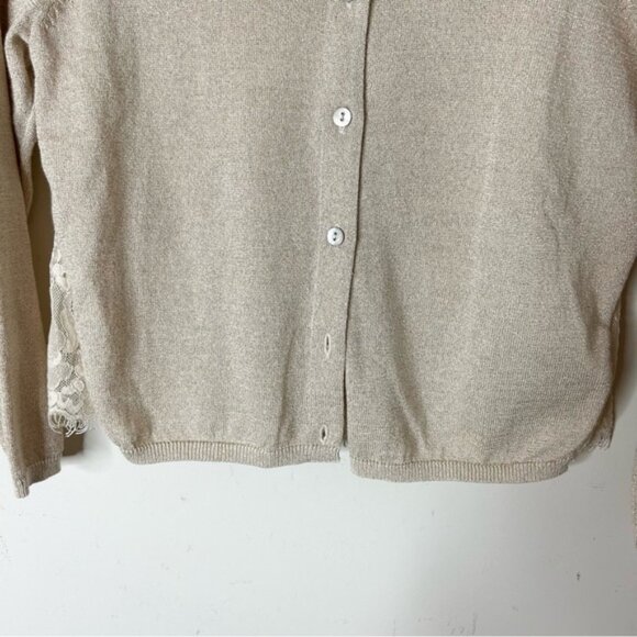 Anthropologie Knitted & Knotted Afterword Cardigan Sweater Beige Metallic Lace - Picture 9 of 16